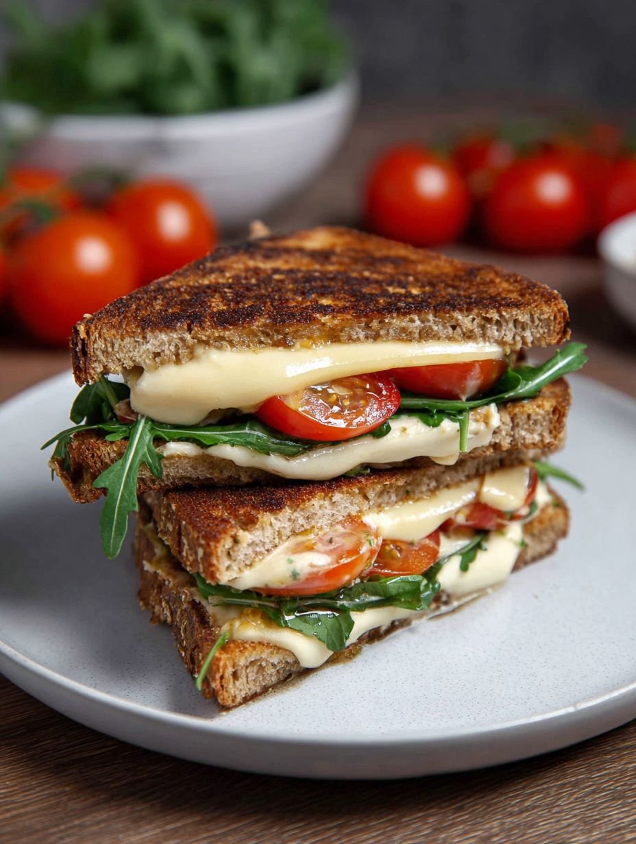 Cremiger veganer Sandwich mit geschmolzenem Käse und Gemüse image 2