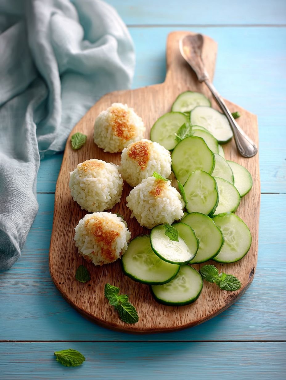 Reis-Bällchen mit erfrischendem Gurkensalat servieren image 2