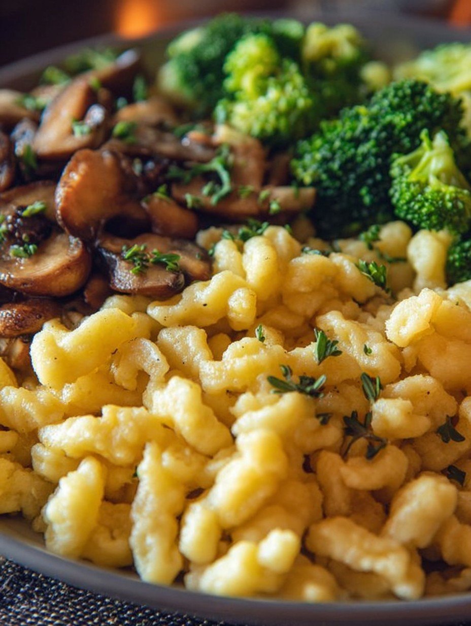 Vegane Spätzle mit Brokkoli und Champignons genießen image 2